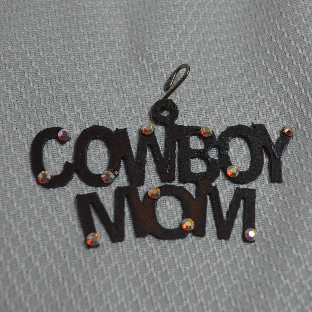 Cowboy Mom Charm Pendant Black Metal Western Rhinestone Rustic Country